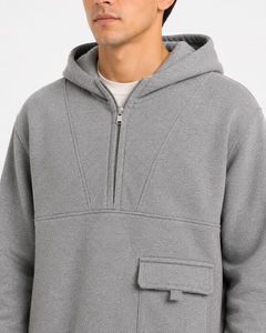 Sudadera con capucha premium para hombre, de invierno, ecológica, gris melange, con media cremallera, bolsillo utilitario, forro polar de algodón, estilo casual. - Product Image 4