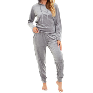 Ensemble de survêtement en velours à capuche pour femme, couleur unie, pantalon long, poches latérales, tenue décontractée d'hiver, coupe ample, manches longues - Product Image 1