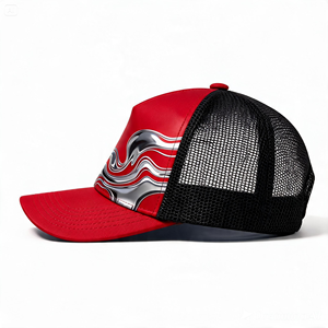 Gorra Trucker de 5 Paneles de Algodón Vaquero Rojo y Negro con Forro Polar y Malla, Estilo Dad Hat, Hebilla Metálica, Sin Estructura, Logotipo Bordado, Casual - Product Image 2