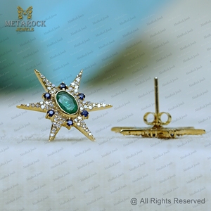 Natural <b>Emerald</b> Genuine Diamond 14k Yellow Gold Star <b>Stud</b> Earrings Blue Sapphire Fine Jewelry Wholesale - Product Image 4