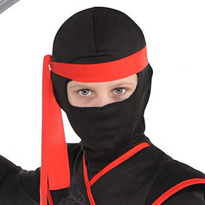 Costume de ninja noir pour garçons avec accents rouges, tenue d'arts martiaux entièrement à capuche, en spandex extensible ajusté, polyester, taille enfant, en stock - Product Image 2