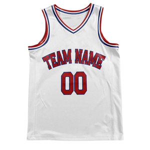 Ensemble uniforme de basket-ball personnalisé blanc style rétro, maillot à col rouge et bleu, short assorti, nom et numéro de l'équipe rétro - Product Image 3