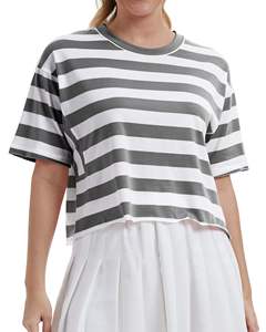 Camiseta Corta a Rayas para Mujer, Corte Holgado, Manga Corta, Informal, Verano, Algodón Suave, Estilo Urbano - Product Image 6