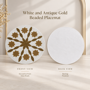 Weißes und Antik-Goldenes Glasperlen-Tischset mit Blumenmuster |   Elegante Runde Dekorative Tischmatte für Luxuriöses Speisen und Eleganz - Product Image 2