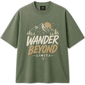 เสื้อยืดแขนสั้นสีเขียวเข้มสำหรับผู้ชาย Wander Limits คอกลม ทรงปกติ ผ้าฝ้าย 100% เป็นมิตรกับสิ่งแวดล้อม น้ำหนัก 180 กรัม พิมพ์ลายตัวอักษรด้านหน้า - Product Image 1
