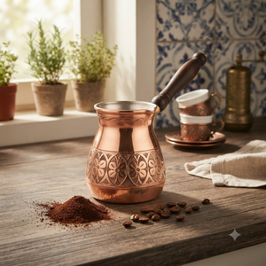 Auténtica cafetera turca de cobre grabada con motivos florales, Cezve, Ibrik árabe, Briki griega, calentador de leche para estufa con mango de madera. - Product Image 3