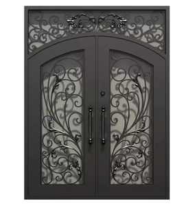 Puerta Doble de Entrada de Hierro Forjado Negro de Lujo con Paneles de Vidrio, Puerta de Entrada Arqueada Decorativa para Entrada de Casa o Villa - Product Image 3