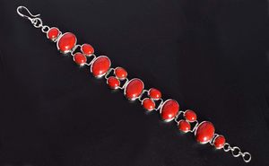 Women's 925 Sterling Silver Coral <b>Bracelet</b> Bezel Set Oval <b>Red</b> Coral Stones Classic Chain Link Design Everyday Wear Fine Jewelry - Product Image 4
