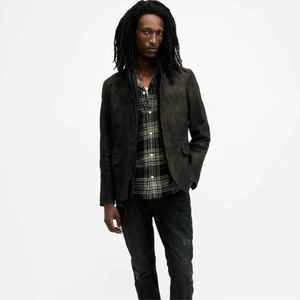 Blazer en cuir suédé vintage pour homme, coupe ajustée, boutonné, décontracté, de haute qualité, noir mat, vente en gros - Product Image 4