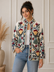 Suzani <b>Kantha</b> Boho Embroidered Quilted Breathable Eco-Friendly Reversible Cotton Wool Bomber <b>Jacket</b> Women - Product Image 4