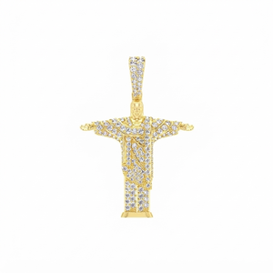 Collar personalizado de plata de ley 925 chapado en oro con colgante de dijes finos estilo hip-hop de Cristo Redentor de Brasil, con diamantes naturales. - Product Image 1
