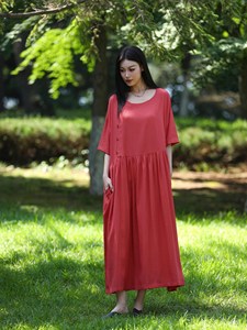 Women Cotton Linen Loose Fit Maxi <b>Dress</b> Short Sleeve O-Neck Long <b>Dress</b> Comfortable <b>Boho</b> <b>Summer</b> Outfit - Product Image 4