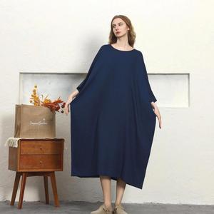 Bohemian Navy Blue Plain Cotton Linen Maxi <b>Dress</b> With O-Neck <b>Loose</b> Fit 3/4 Sleeve Boho Style Summer Casual <b>Dress</b> For Women - Product Image 5