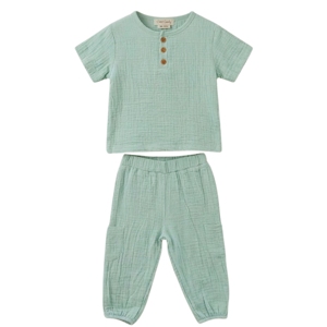 <b>Cot</b> & Candy Organic Muslin Short Sleeve Henley T-Shirt with Lounge Pant <b>Set</b> Teal Summer Collection - Product Image 1