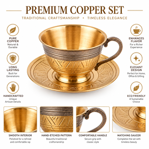 Juego de Taza y Platillo de Té de Latón Antiguo de Dos Tonos, Diseño Geométrico Grabado en Bronce, Taza de Café Turca, Vajilla para Hoteles, Regalos al por Mayor - Product Image 2