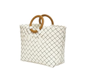 Sac à main moderne en plastique tressé blanc et sac fait main chic avec anse en bois ronde pour femme - Product Image 1