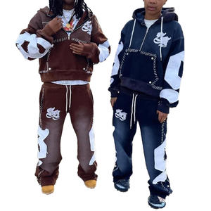 Sweat à capuche vintage délavé avec logo brodé personnalisé OEM, coupe évasée, survêtement épais pour homme - Product Image 1