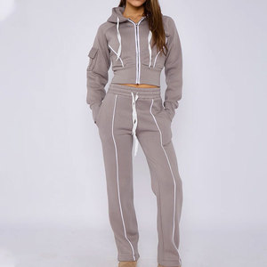 Ensemble de survêtement gris pour femme, coupe courte, à manches longues, avec capuche et fermeture éclair, décontracté, coupe ample, couleur unie, pantalon cargo d'automne avec poches latérales - Product Image 5