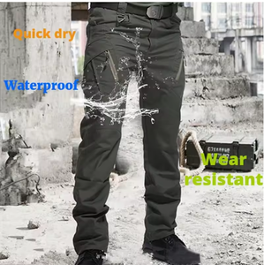 Pantalon cargo tactique noir pour homme, plusieurs poches, séchage rapide, style vêtements de travail, taille élastique, fermeture éclair, pour l'été - Product Image 3