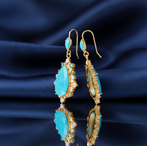 ต่างหูเทอร์ควอยซ์ประดับเพชร CZ ขนาด 5 นิ้ว น้ำหนัก 22 กรัม เงินแท้ 925 ชุบทอง 18K เครื่องประดับอัญมณี ต่างหูสไตล์อินเดีย ของขวัญสำหรับเธอ - Product Image 2