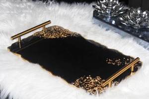 Luxury Black <b>Epoxy</b> Resin Serving Tray With Golden Flakes Handmade Decorative Tray With Metal Handles Storage Tray For Home Decor - Product Image 2