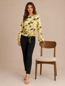 Blusa Corta para Mujer, Color Amarillo Estampado, Mangas Largas Tipo Campana, Cuello Redondo, Cintura Elástica, Estilo Casual para Uso Diario, Venta al Por Mayor - Product Image 4