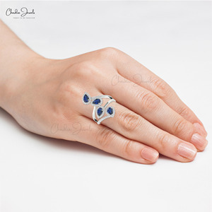 Anillo de Cóctel con Hoja de Diamante, Zafiro Azul Corte Pera de 6x4mm, Anillo Apilable en Oro Blanco Sólido de 14k, Joyería de Boda - Product Image 6