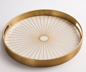 Plateau de service moderne rond en métal émaillé blanc avec poignées découpées motif soleil doré, décoratif pour table basse, plateau de vanité, cadeau - Product Image 3