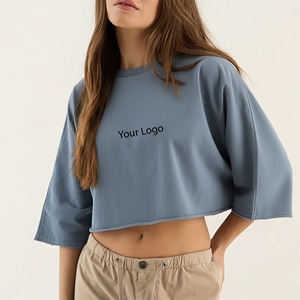 Women's Blue Crop <b>Top</b> Drop Shoulder Crew Neck Slim Fit Casual Solid Color Half Sleeve Knitted Flannel Print Appliques T-Shirt - Product Image 4