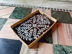 Premium Quality Round Rattan Tray with Mother of Pearl Inlay Artistic Design Perfect for Serving and Gifting from India - Product Image 2