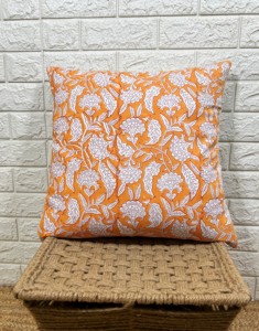 <b>Orange</b> Handmade Block Printed Floral Cushion Cover Bohemian Square <b>Pillow</b> Case for Home - Product Image 1