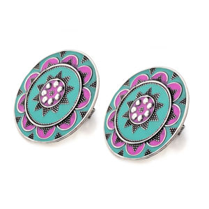 Boucles d'oreilles clous rondes en argent sterling 925 Silver Mountain SKU7559 avec émail vert et rose, style ethnique, pour fiançailles, mariage, fête - Product Image 3