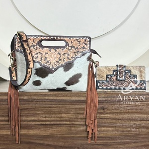 High Quality Western Style Hand Tooled Cowhide Leather Zipper Crossbody Fringe <b>Handbags</b> with Bifold Wallet Clutch Two-Piece Set - Product Image 1