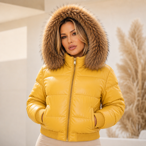 Veste d'hiver en cuir pour femme de luxe avec capuche garnie de fourrure, vêtements d'extérieur chauds - Manteaux en peau d'agneau de luxe S-XXL - Product Image 3
