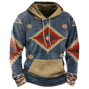 Sweat-shirt à capuche décontracté pour homme à motif géométrique, coupe classique, imprimé, style automne, marron, avec poches - Product Image 2