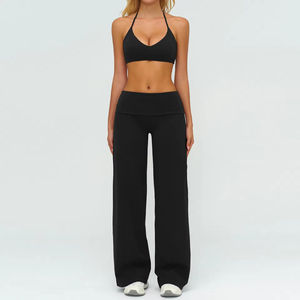 Ensemble de vêtements de sport pour femmes, haut à col haut et manches longues avec fermeture éclair bleu clair, pantalon à taille haute et jambes larges, couleur unie - Product Image 2