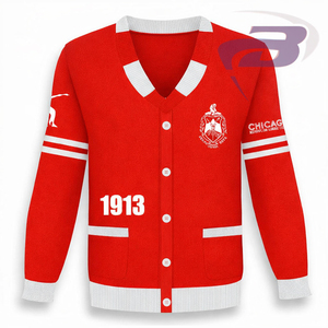 Suéter Cárdigan Acrílico de Invierno de la Hermandad Delta Sigma Theta, Detalles Rojos y Blancos, Cuello en V, Diseño 1913 Chicago, DST Sorority - Product Image 2