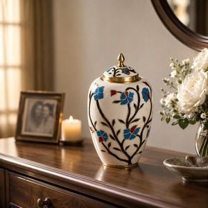 Urna Funeraria Blanca con Flores Hecha a Mano para Cenizas Humanas - Elegante Recuerdo Conmemorativo de Metal con Flores de Esmalte Coloridas - Product Image 3