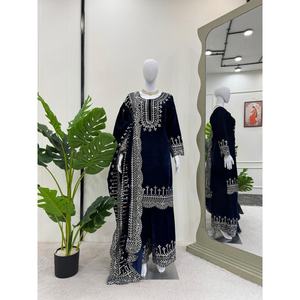 FASHIONABLE <b>VELVET</b> THREAD SEQUENCE WORK TOP BOTTOM WITH DUPATTA NAVY BLUE - Product Image 1