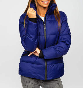 <b>Women's</b> Blue Quilted Puffer Jacket With <b>Black</b> Contrast Shoulder Full Sleeve Short <b>Winter</b> <b>Coat</b> Polyester Wadding Zipper Closure - Product Image 4