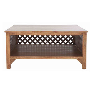 Mesa de Centro de Madera de Mango Sólida con Estante, 36 Pulgadas, Acabado Marrón Rústico, Mesa de Sofá con Tallado Geométrico para Sala de Estar - Product Image 3