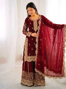 Designer Coding Embroidery And Sequence Work Fandy Silk <b>Top</b> With Plazzo And Dupatta Fully Stitched Ready To Wear Collection - Product Image 4