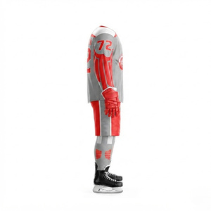 Ensemble d'uniformes de hockey sur glace personnalisés par sublimation, rouge et gris, pour joueur adulte, maillot sans manches col en V, pantalon en maille respirante - Product Image 5