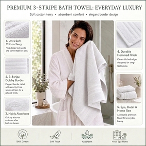 Toalla de Baño de Algodón Blanco Zero Twist, Suave y Absorbente, con Borde de Tres Rayas, Toalla de Baño Moderna para el Hogar, Hotel, Spa y Regalos - Product Image 3
