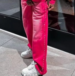 Pantalones de Hombre con Degradado Rosa, Cintura Elástica, Decoración con Remaches, Estilo Casual de Primavera, Tejido de Poliéster Transpirable - Product Image 4