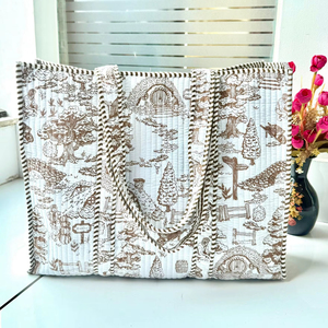 Grand sac fourre-tout matelassé en coton fait main à motif floral, style bohème, vintage, écologique, avec fermeture éclair, personnalisable, pour l'automne et les courses - Product Image 1