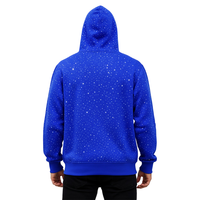 Sudadera con capucha unisex azul real con pedrería, forro polar personalizado, estilo casual urbano, estampado digital de invierno con bolsillos