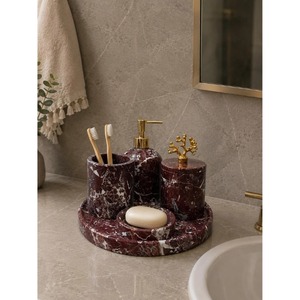 Luxury Marble Bathroom Set Four-Piece Round Soap Dish <b>Toothbrush</b> <b>Holder</b> With Gold Accents Easy To Clean - Product Image 1
