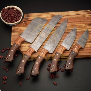 Ensemble de couteaux de cuisine en acier Damas de qualité supérieure, 5 pièces, style japonais, couteau de chef, couteau Santoku, couteau utilitaire avec manche en bois - Product Image 2