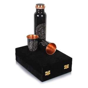 Ensemble cadeau de bouteille d'eau en cuivre à imprimé floral bleu avec deux verres en cuivre, collection de vaisselle design anti-fuite - Product Image 6